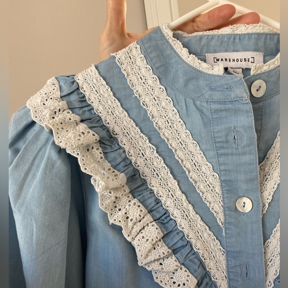 Warehouse UK Size 8 denim lace button up top - Picture 3 of 5